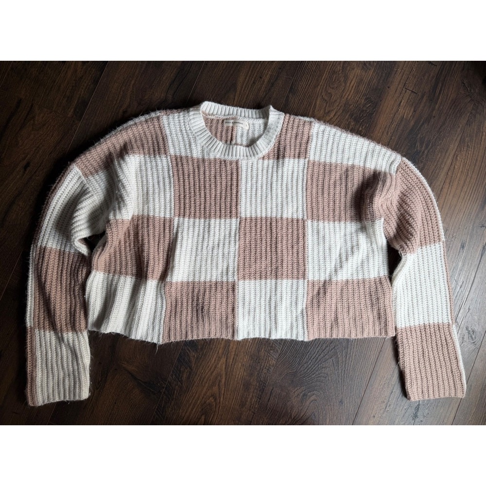 Moon & Madison Pink White Checkered Cropped Sweater Womens Large 0001
